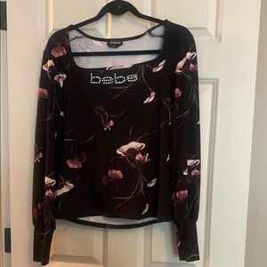 Bebe Black Pink Floral Fitted Long Sleeve Blouse